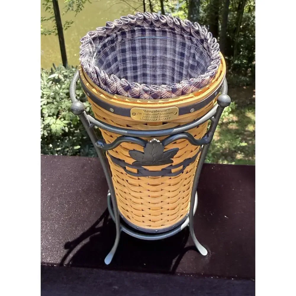 Longaberger CC J.W. Mini Umbrella Basket w Prot Liner Wrought Iron Stand Mint!